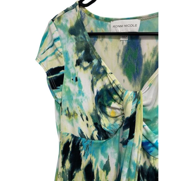 Ronni Nicole Green and Blue Abstract Print Cap Sleeve Twist Front Dress SZ 6 - Picture 4 of 9